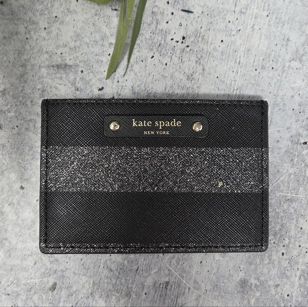 Kate Spade Haven Lane Graham Credit Card Holder Case Wallet Black Glitter Stripe